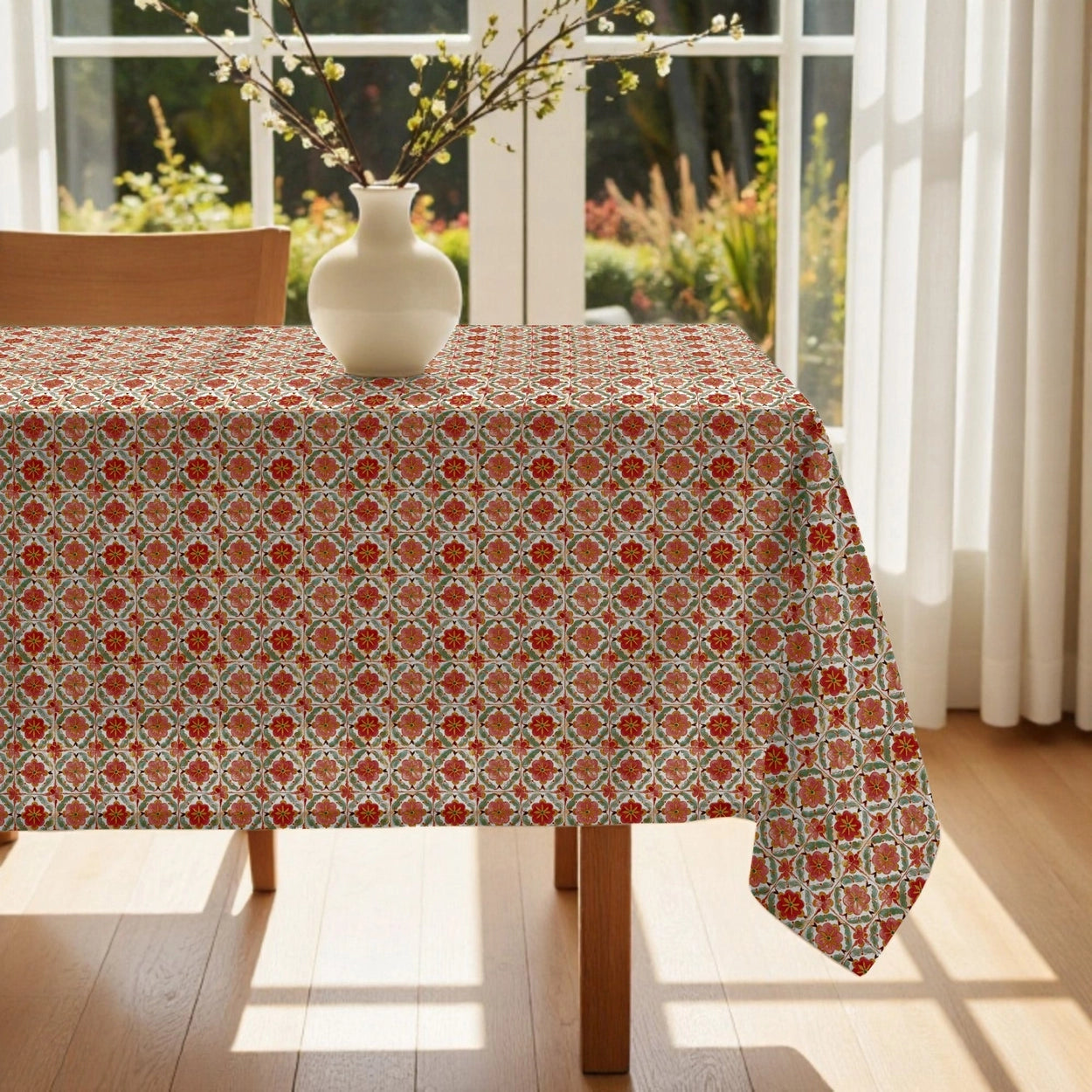 Tablecloth with a red and white pattern on a table in a bright room with large windows.