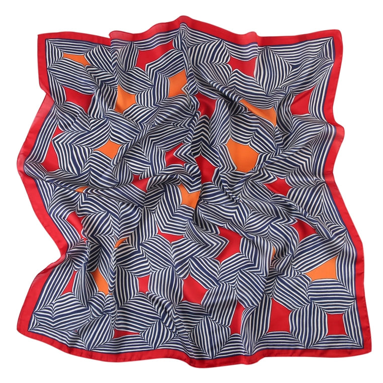 Clara Scarf-Silk-Geometric Design-Navy-white-Red and Orange highlights-Dessigned in Italy
