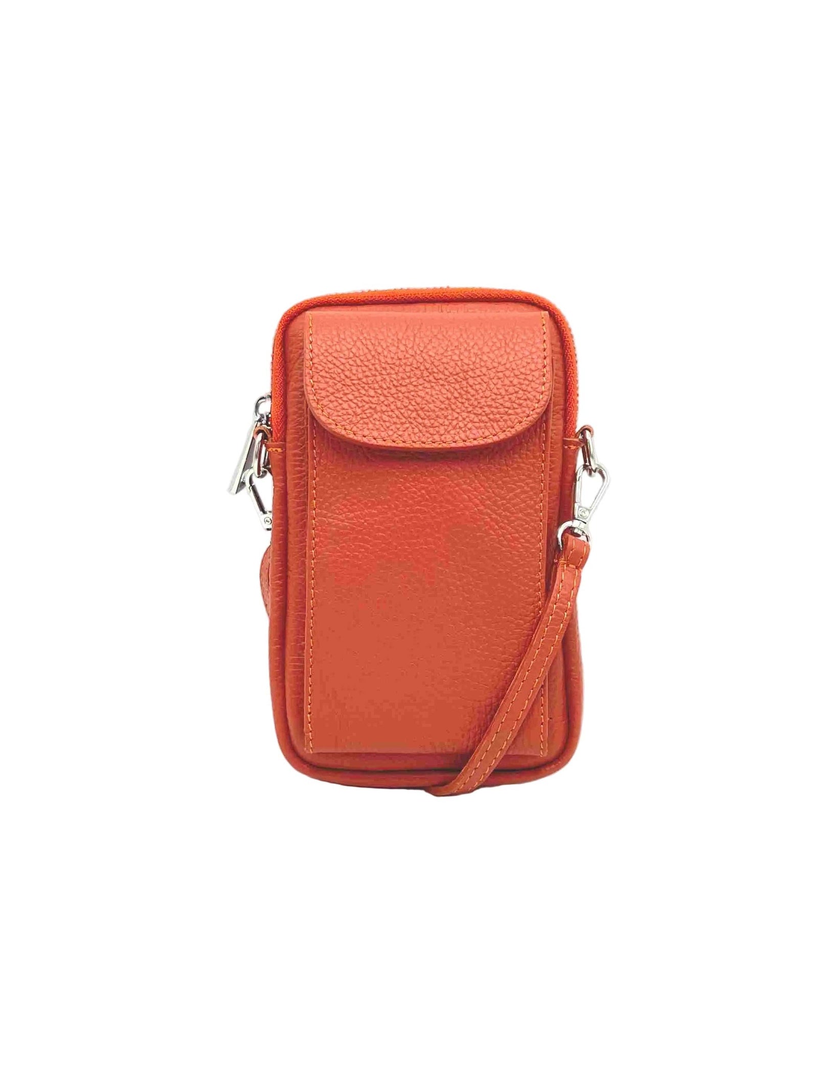 Orange leather crossbody bag on a white background