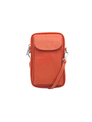 Orange leather crossbody bag on a white background