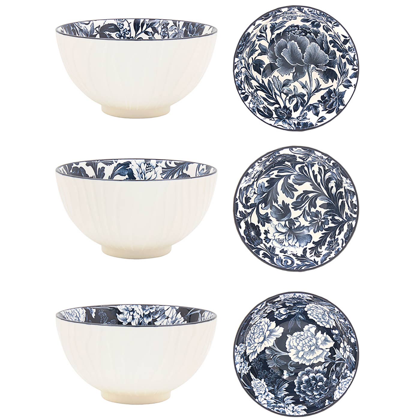 Set of ceramic bowls and plates with blue floral patterns on a white background