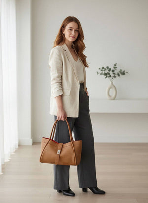 Woman holding a brown handbag in a minimalistic room.