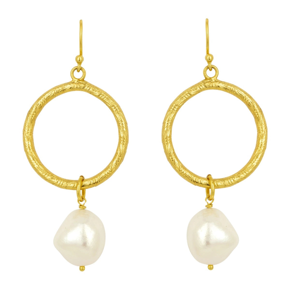 Gold hoop earrings with pearl drops on a white background