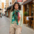 Woman wearing a colorful scarf on a city street