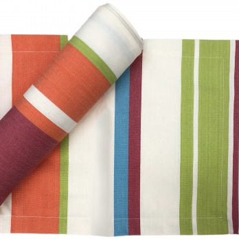 Colorful striped placemats on a white background