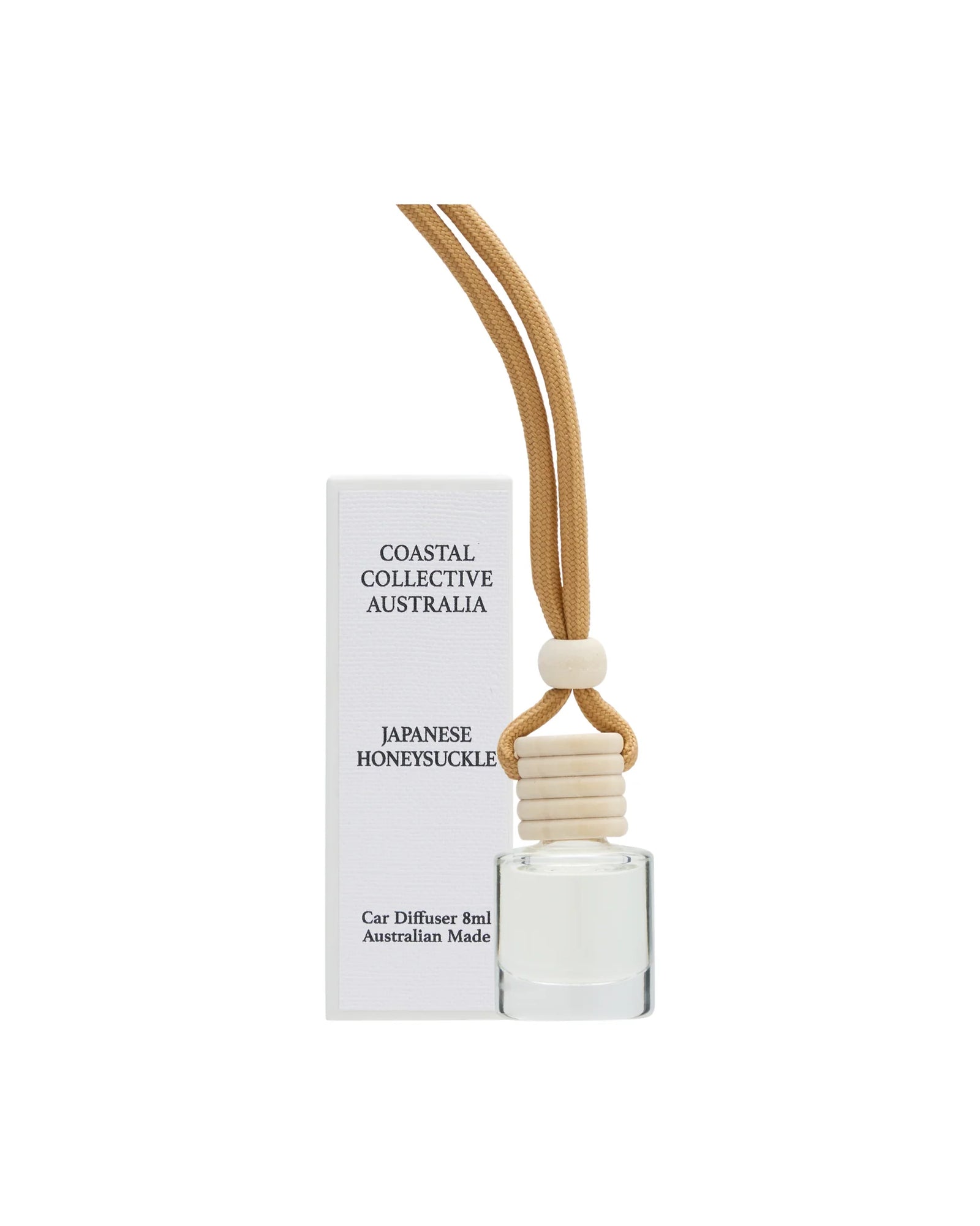 Car diffuser with wooden stick and white beads on a white background, featuring 'Coastal Collective Australia' branding.