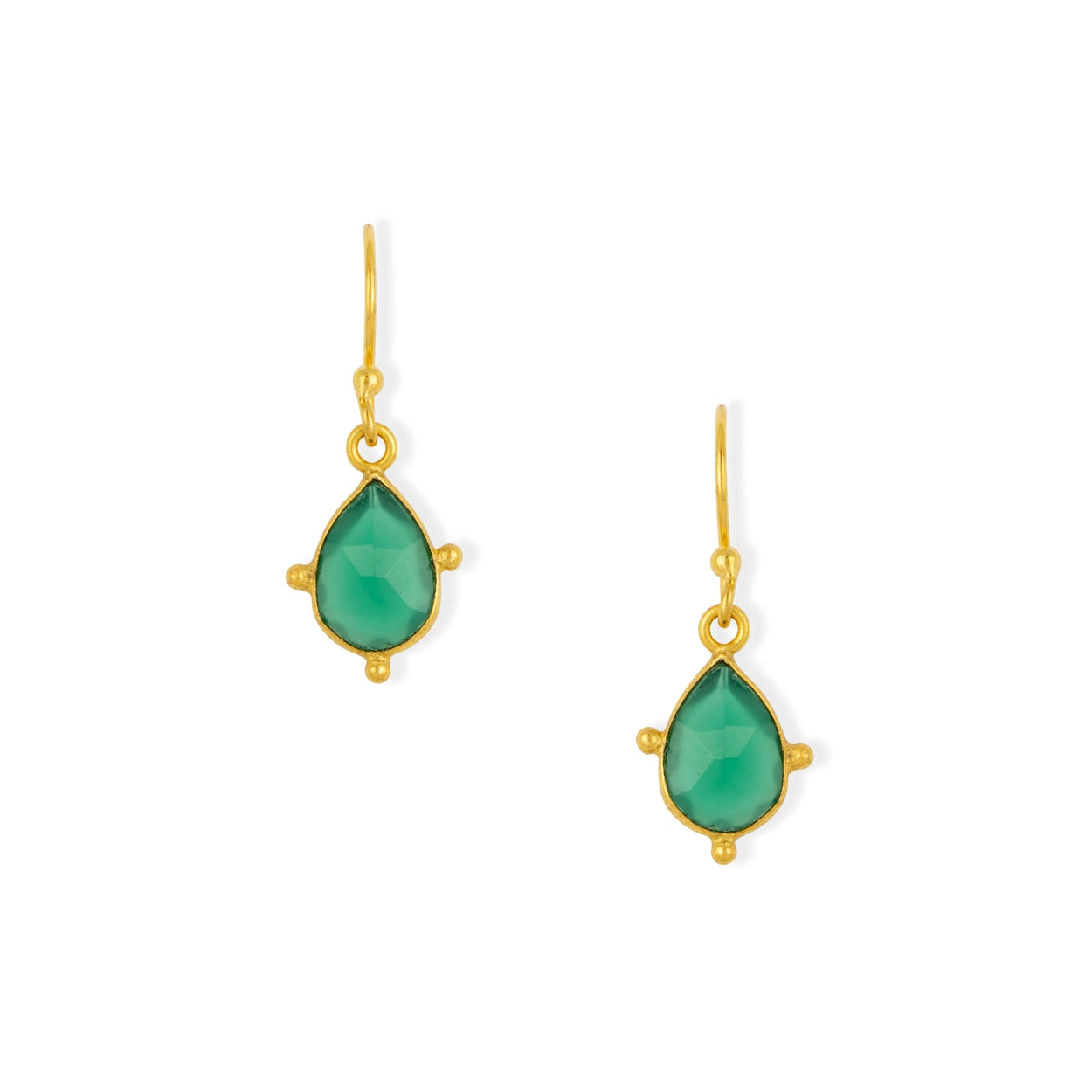 Gold earrings with green teardrop-shaped stones on a white background