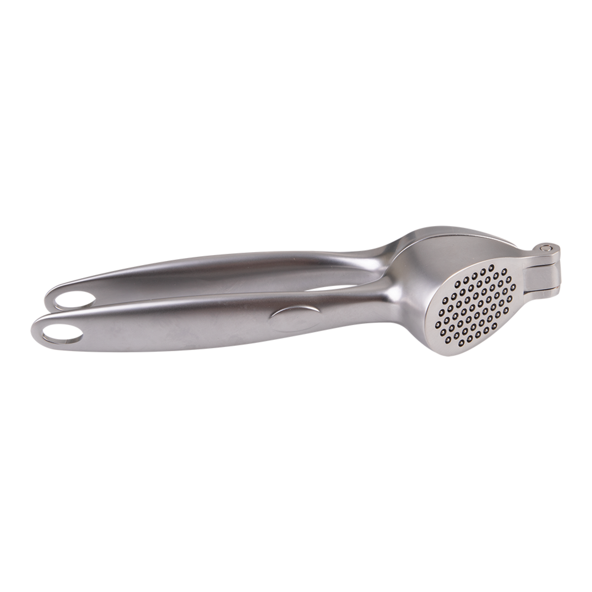 Metallic garlic press on a white background