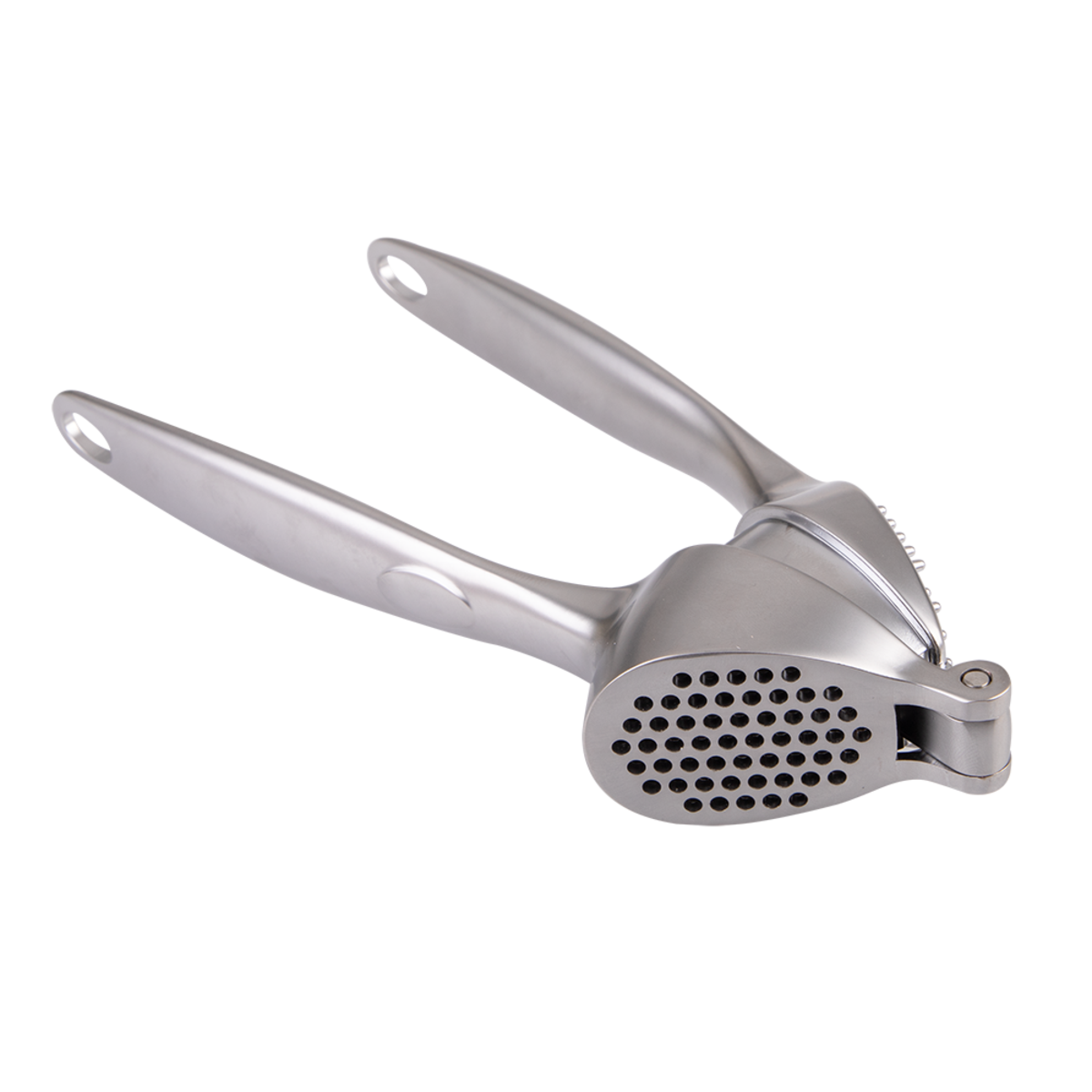 Metallic garlic press on a white background