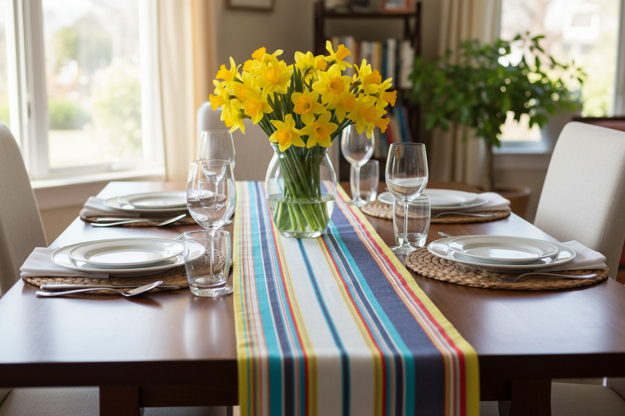 Colorful striped fabric table runner on a white background