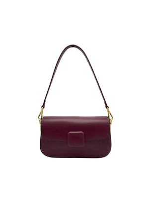 Burgundy handbag with a gold clasp on a white background