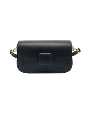 Black handbag with gold accents on a white background