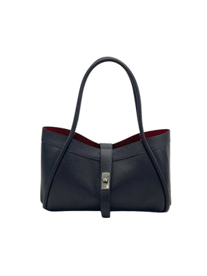 Black handbag with a red interior on a white background