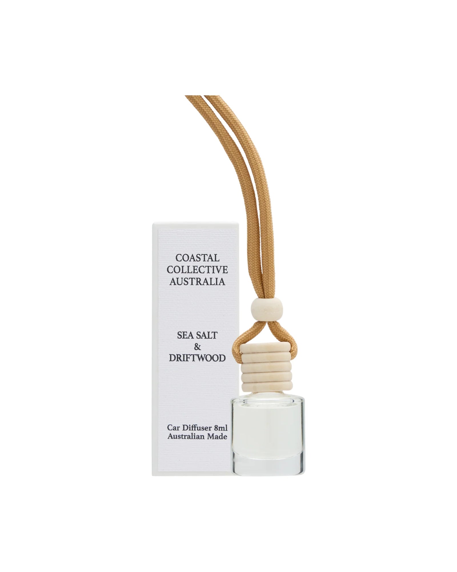 Car diffuser with wooden stick and white beads on a white background, featuring 'Coastal Collective Australia' branding.