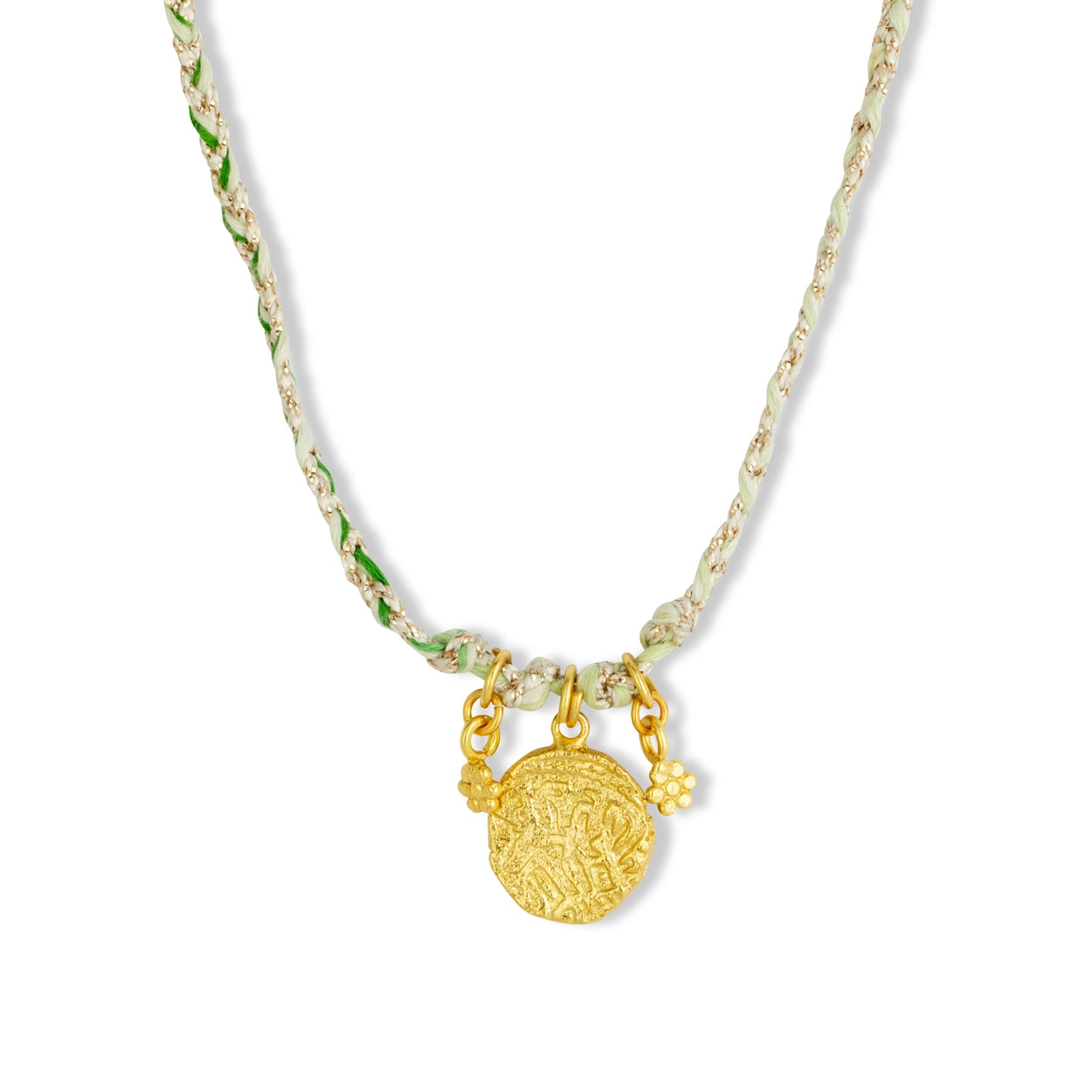 Necklace with gold charm and green plaited cord on a white background