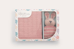 Dj Lux baby gift set with pink blanket and toy in packaging on a white background