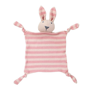 Pink and white striped bunny comfort blanket on a white background