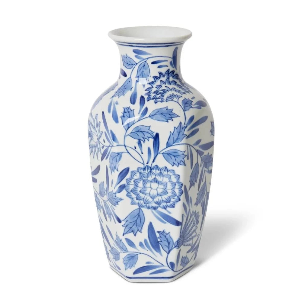 Chinoiserie Ceramic Vase-Blue & White-Faceted