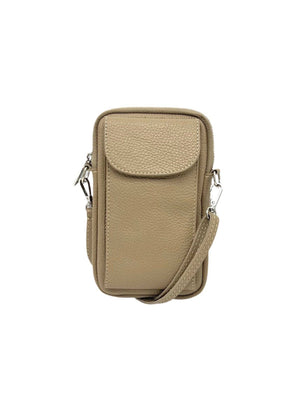Beige crossbody bag with a strap on a white background