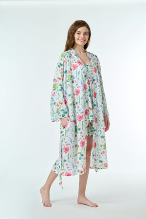 Cotton Kimono Robe-Fiona-White Background-Floral Pattern-Multicoloured