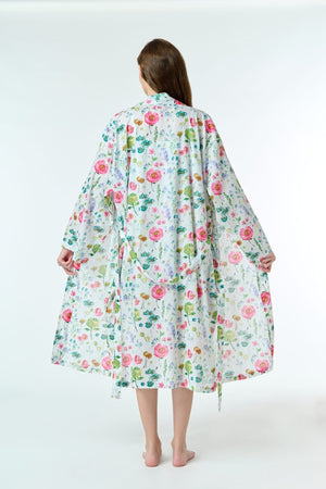 Cotton Kimono Robe-Fiona-White Background-Floral Pattern-Multicoloured