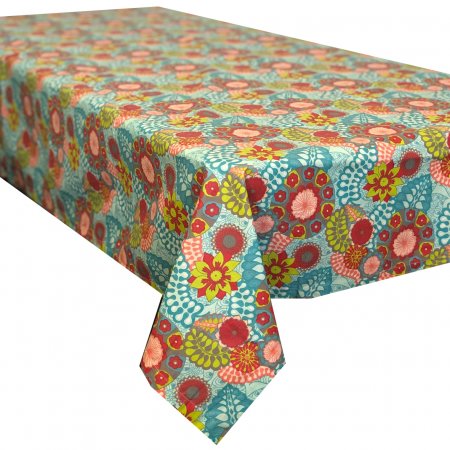 Viarta Tablecloth- Acrylic Coated Cotton -Turquoise base with bright pinks greens and orange design