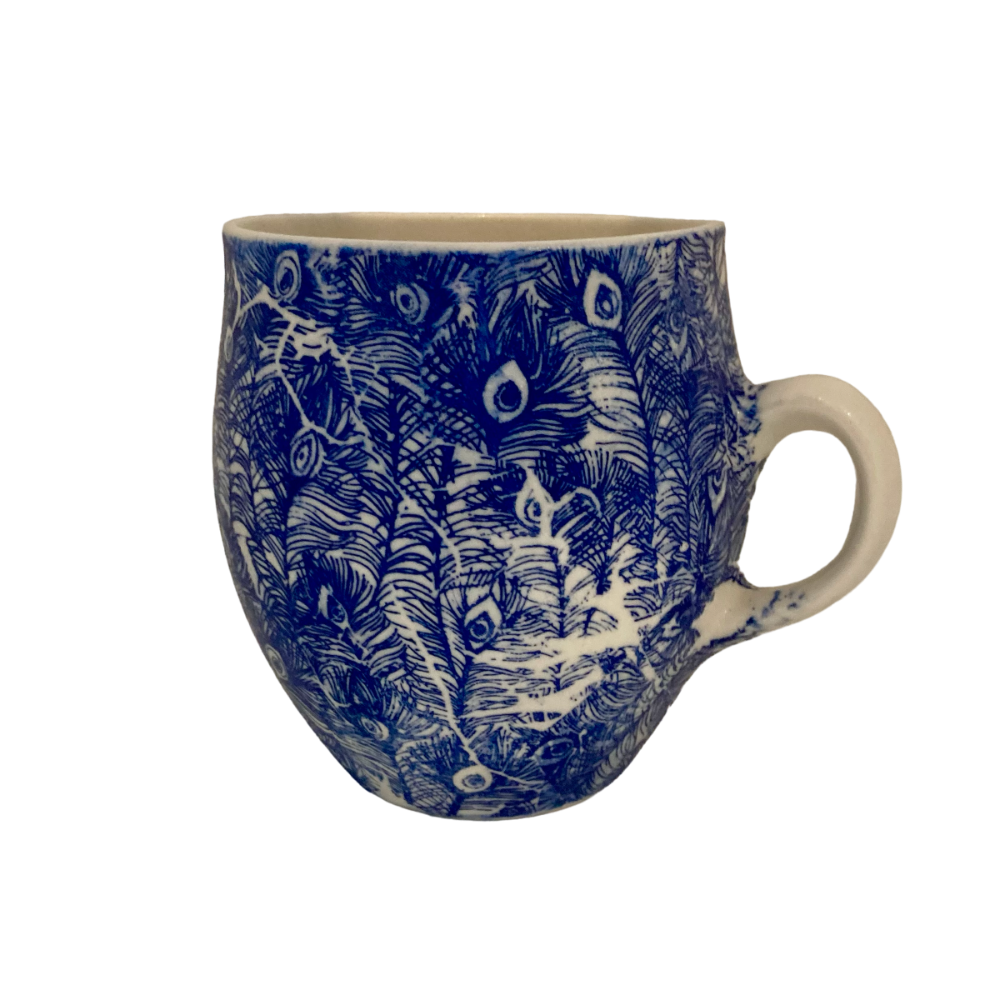Samantha Robinson-Handmade-Mug-Porcelain-Blue & White-Feather Design-450ml