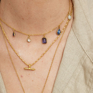 Close-up of a person wearing multiple gold necklaces with various pendants.