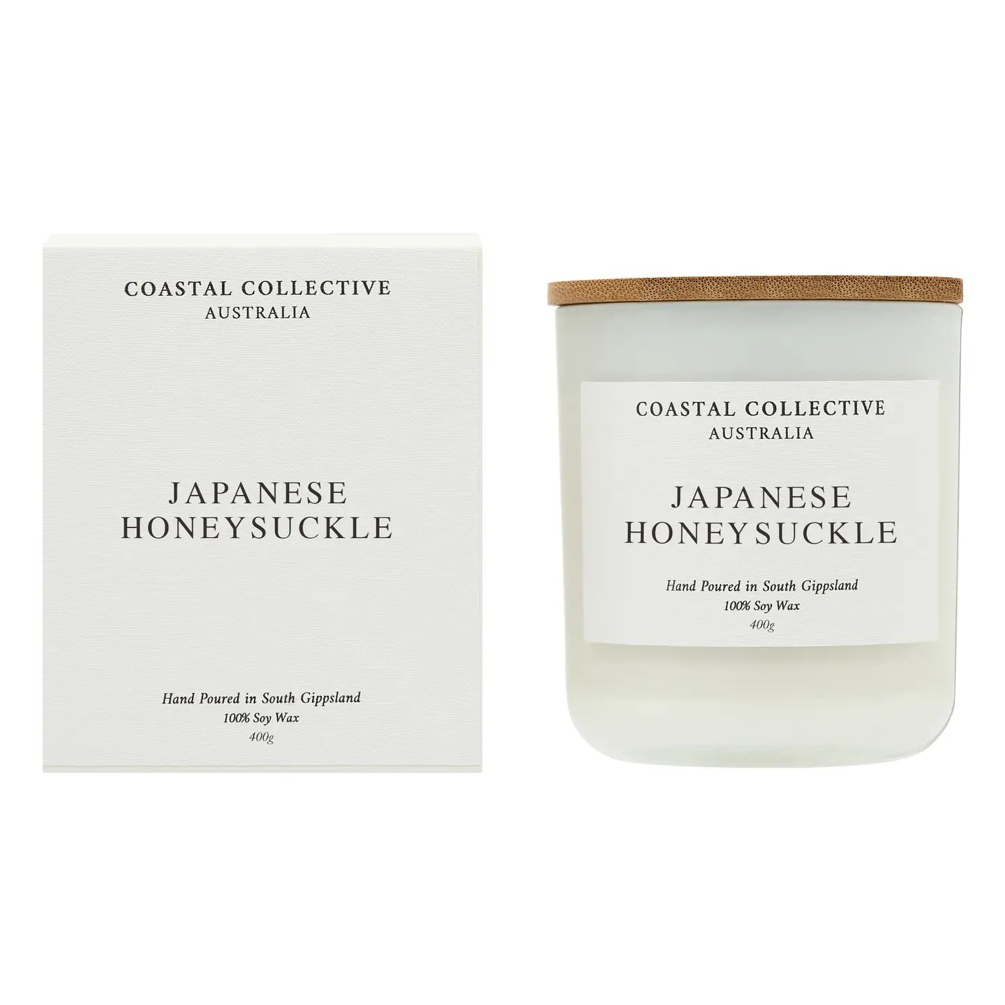 Coastal Collective Australia candle and packaging with 'Japanese Honeysuckle' text on a white background