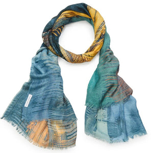 Ursula Merino wool scarf-Blues-Greens-Rust_mustard-Draped
