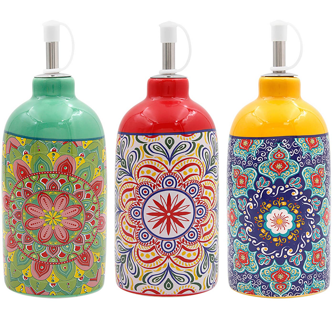 Three decorative oil bottles with colorful mandala patterns and white pour spouts, shown side by side on a white background.