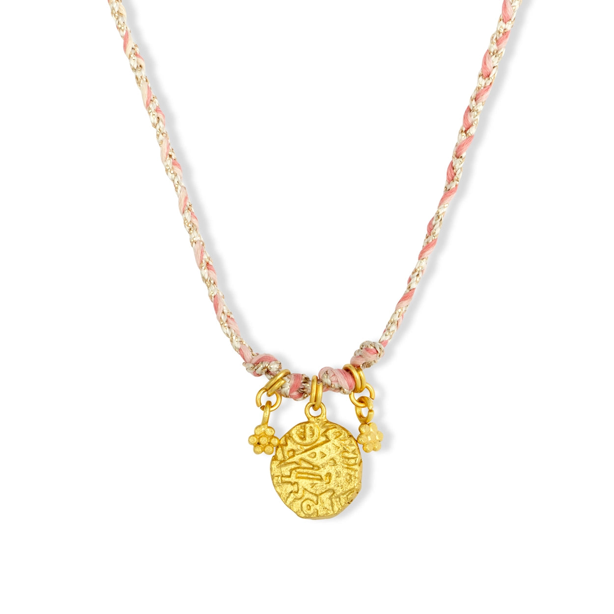 Necklace with gold charm and pink thread on a white background