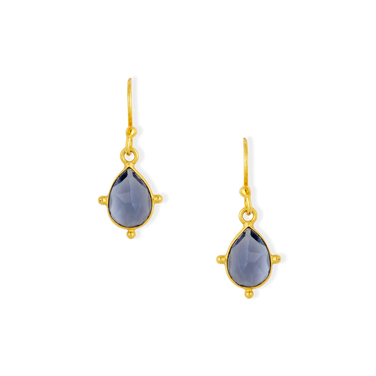 Gold earrings with lilac teardrop-shaped stones on a white background