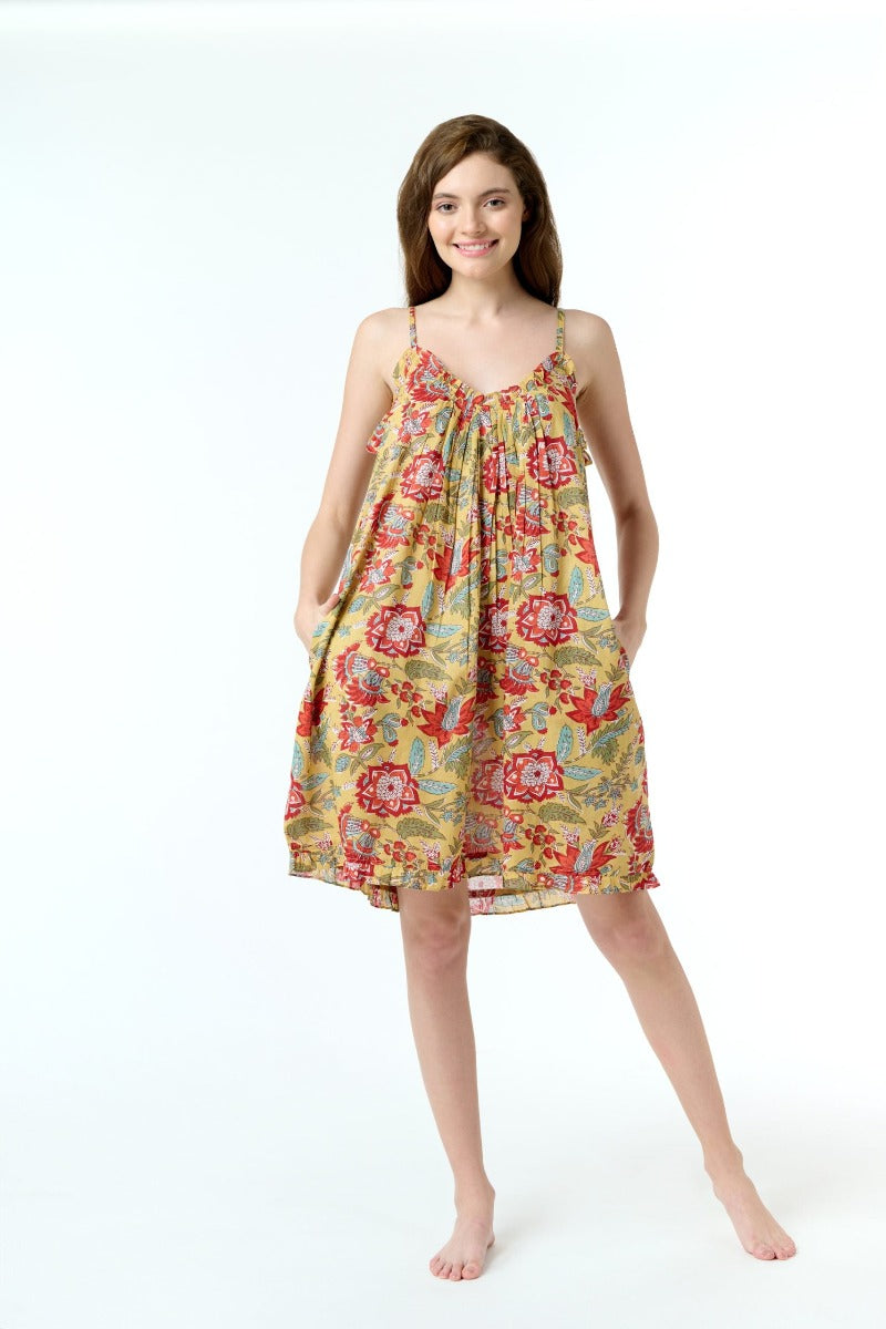 Short Printed Night Dress-Gold Green Red and Orange-Cotton Voile