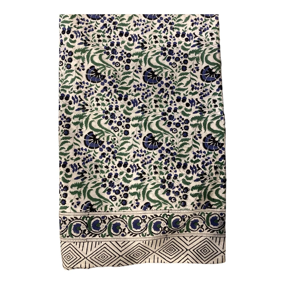 Ajmer Hand Block Print Tablecloth -Blue White and Green -Floral Motif