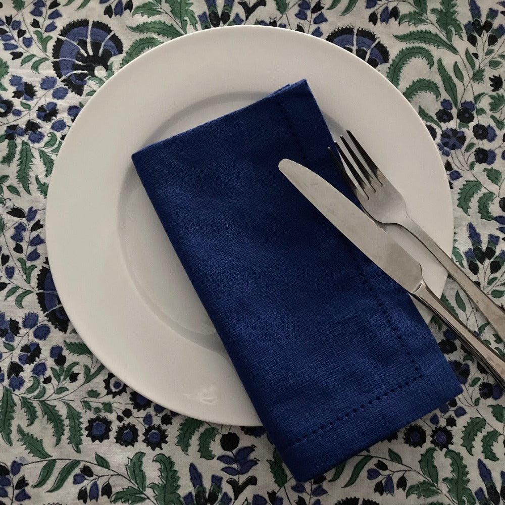 Ajmer Hand Block Print Tablecloth -Blue White and Green -Floral Motif
