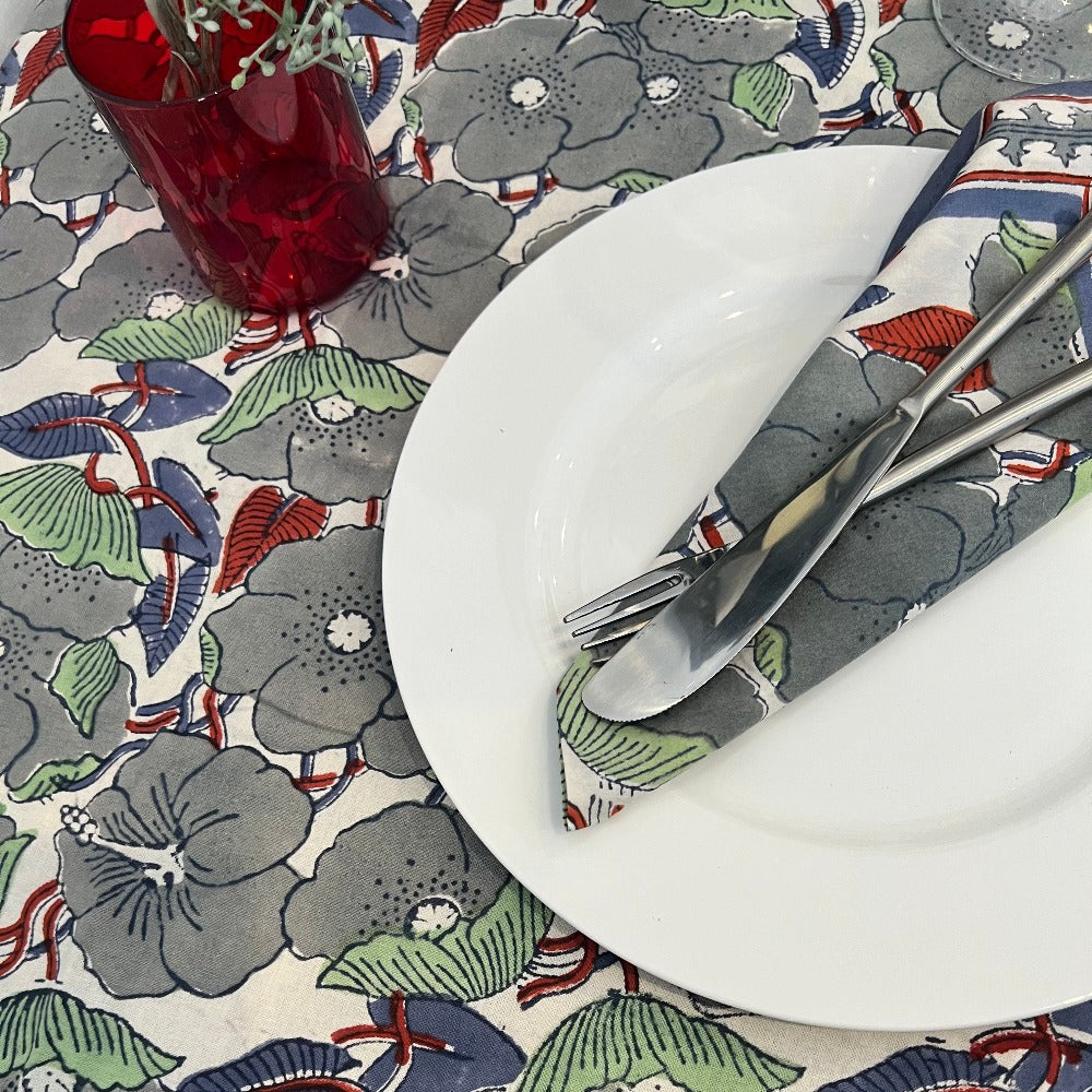 Ginny Hand Block Printed Tablecloth-Blue -Grey-Sage-red