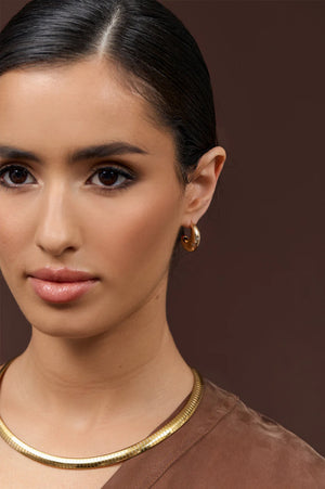 Close-up of a woman wearing gold earrings and necklace against a brown background
