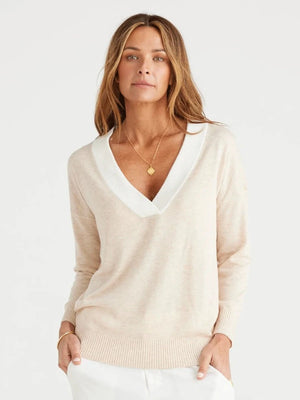 Oatmeal jumper with contrast white V-neck-Back View