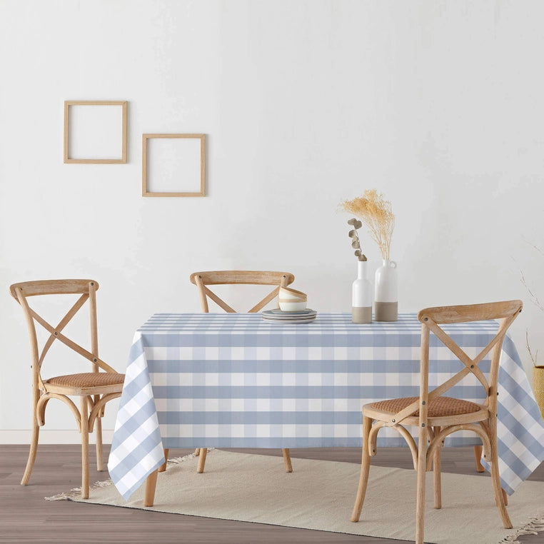 Buffalo Check Tablecloth-Blue-Stain Resistant-On table
