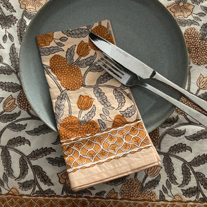 Cookham Hand Block Printed Tablecloth-Ochre-Grey white-Floral Pattern