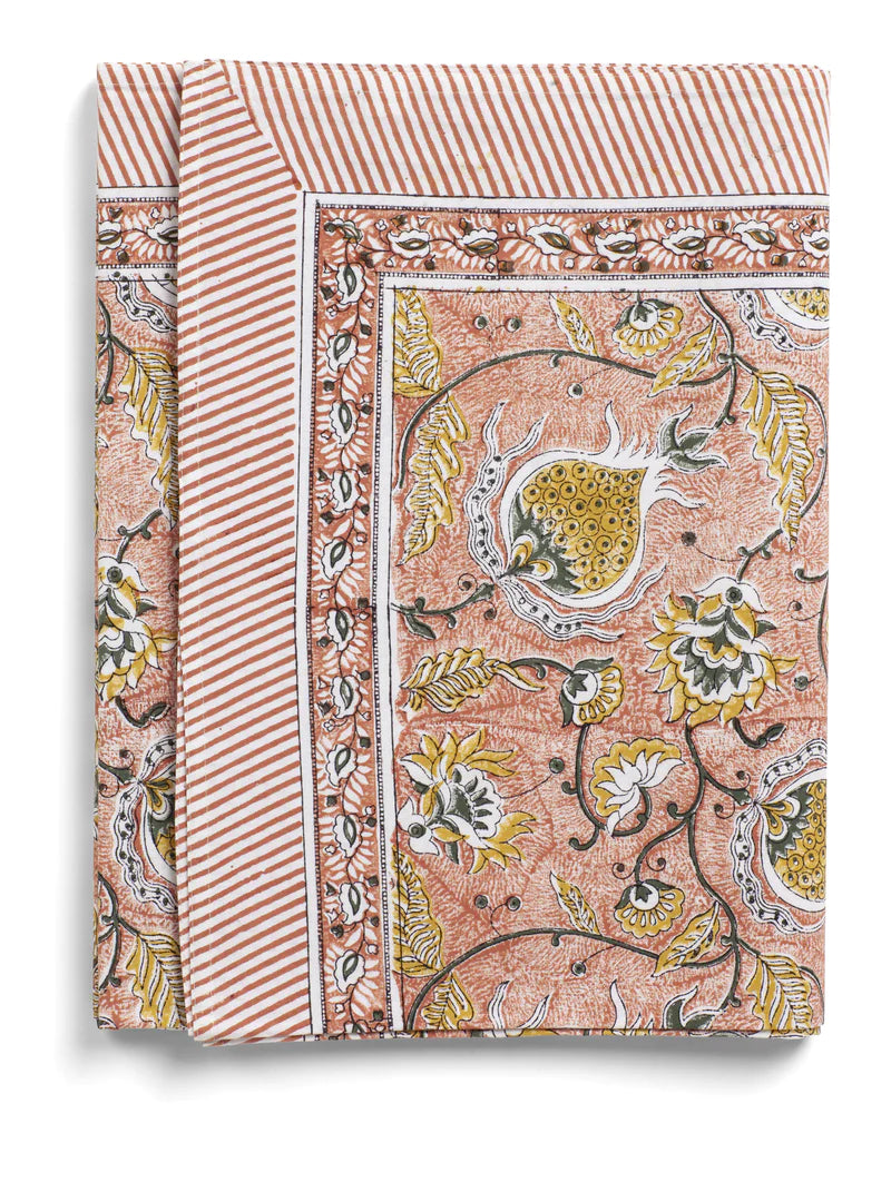 Pomegranate Hand Block Printed Tablecloth- Orange-Grey-Mustard-White-Intricate print of Pomegranate