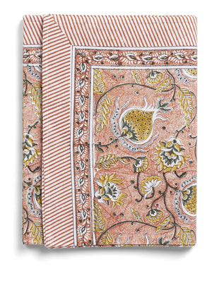 Pomegranate Hand Block Printed Tablecloth- Orange-Grey-Mustard-White-Intricate print of Pomegranate