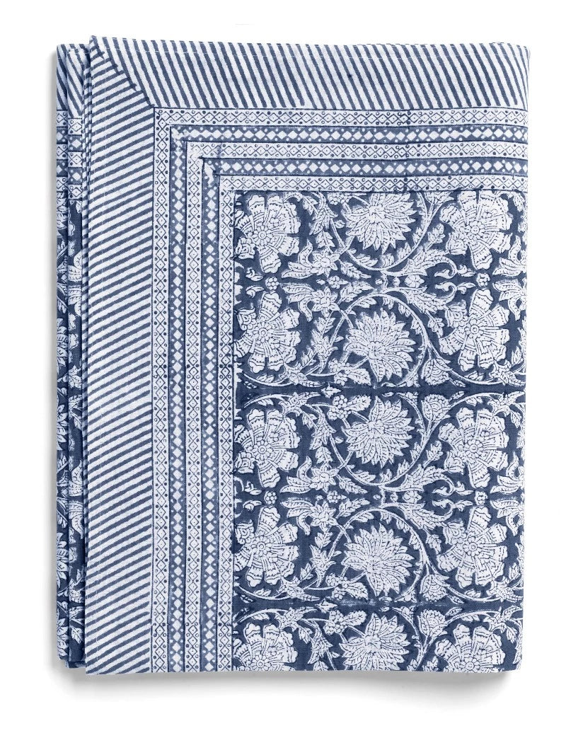 Paradise Hand Block Printed Tablecloth- Navy Blue-White-Intricate print