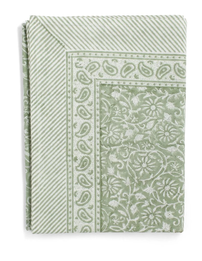 Margerita Hand Block Printed Tablecloth- Pale Green and white floral design