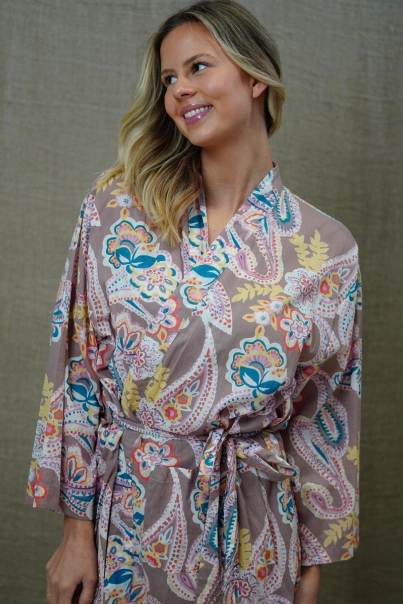 Kimono Robe-Cotton-Paisley and Floral Design on Pale taupe Background