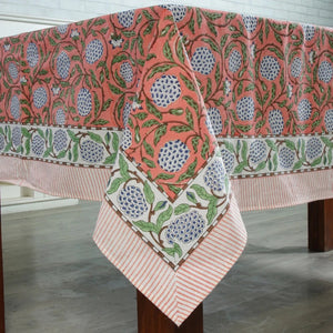 Jacob Little-Dulwich Hill-Fenella Tablecloth-Salmon Pink-Green-Blue-White-Hand Block Print-Cotton