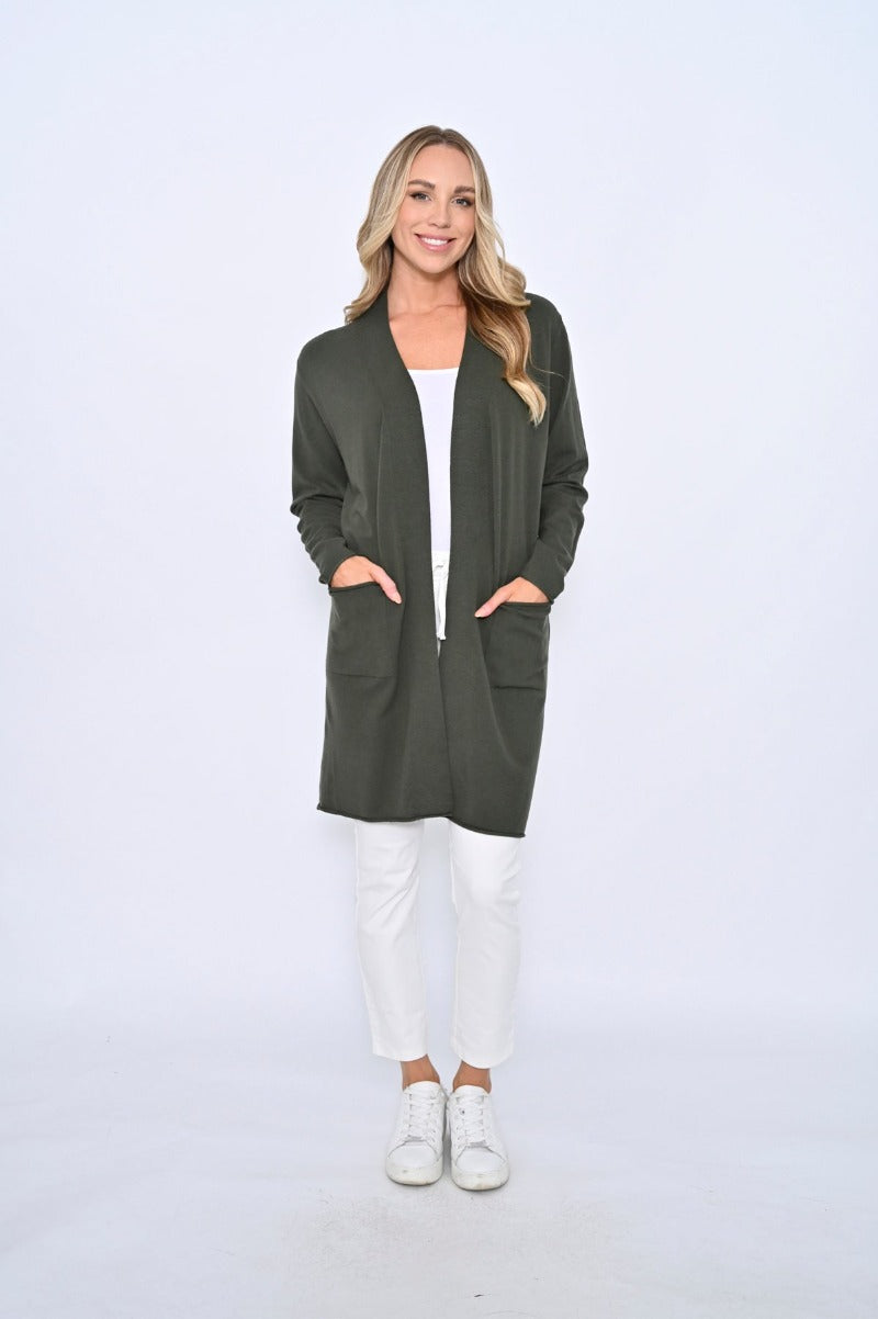 Trinny Longline Cardigan Khaki -On model -Side view