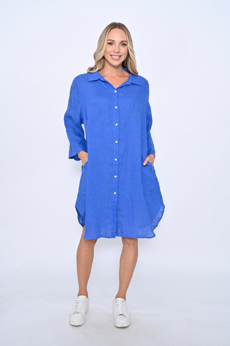 Zoey Linen Shirt Dress - Cobalt -Front View