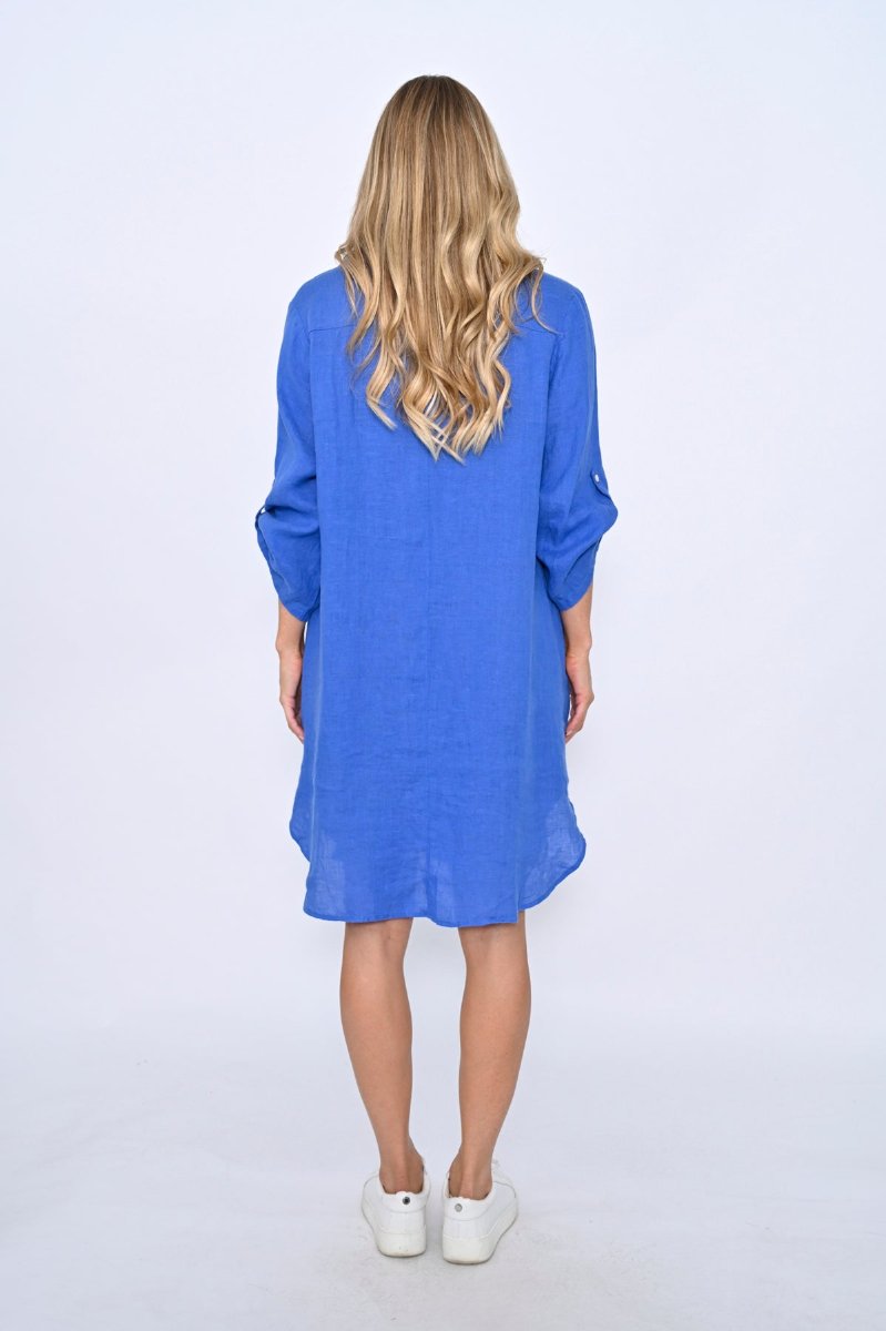 Zoey Linen Shirt Dress - Cobalt -Front View